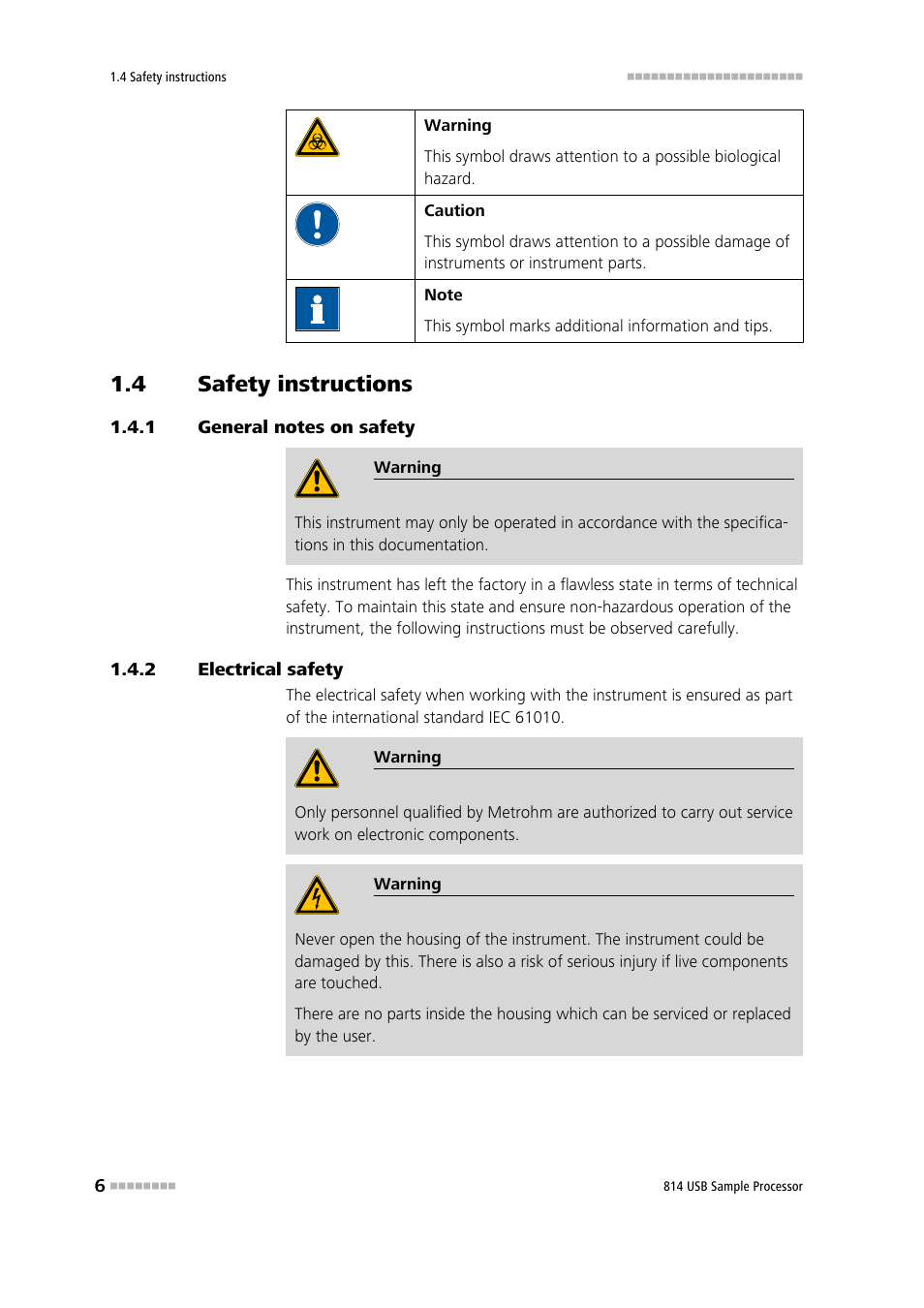 4 safety instructions, 1 general notes on safety, 2 electrical safety | Safety instructions, General notes on safety, Electrical safety | Metrohm 814 USB Sample Processor User Manual | Page 14 / 90