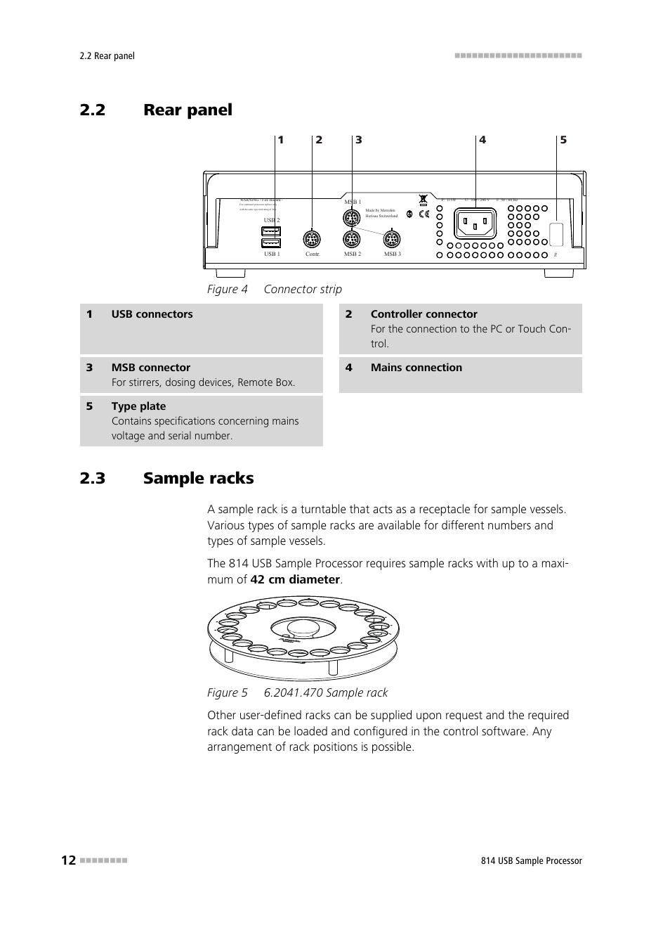 2 rear panel, 3 sample racks, Rear panel | Sample racks, Figure 4, Connector strip, Figure 5, 2041.470 sample rack | Metrohm 814 USB Sample Processor User Manual | Page 20 / 90