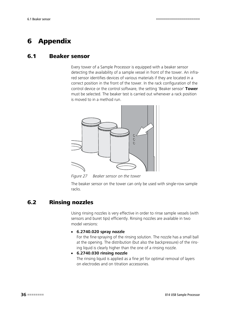 6 appendix, 1 beaker sensor, 2 rinsing nozzles | Beaker sensor, Rinsing nozzles, Figure 27, Beaker sensor on the tower | Metrohm 814 USB Sample Processor User Manual | Page 44 / 90