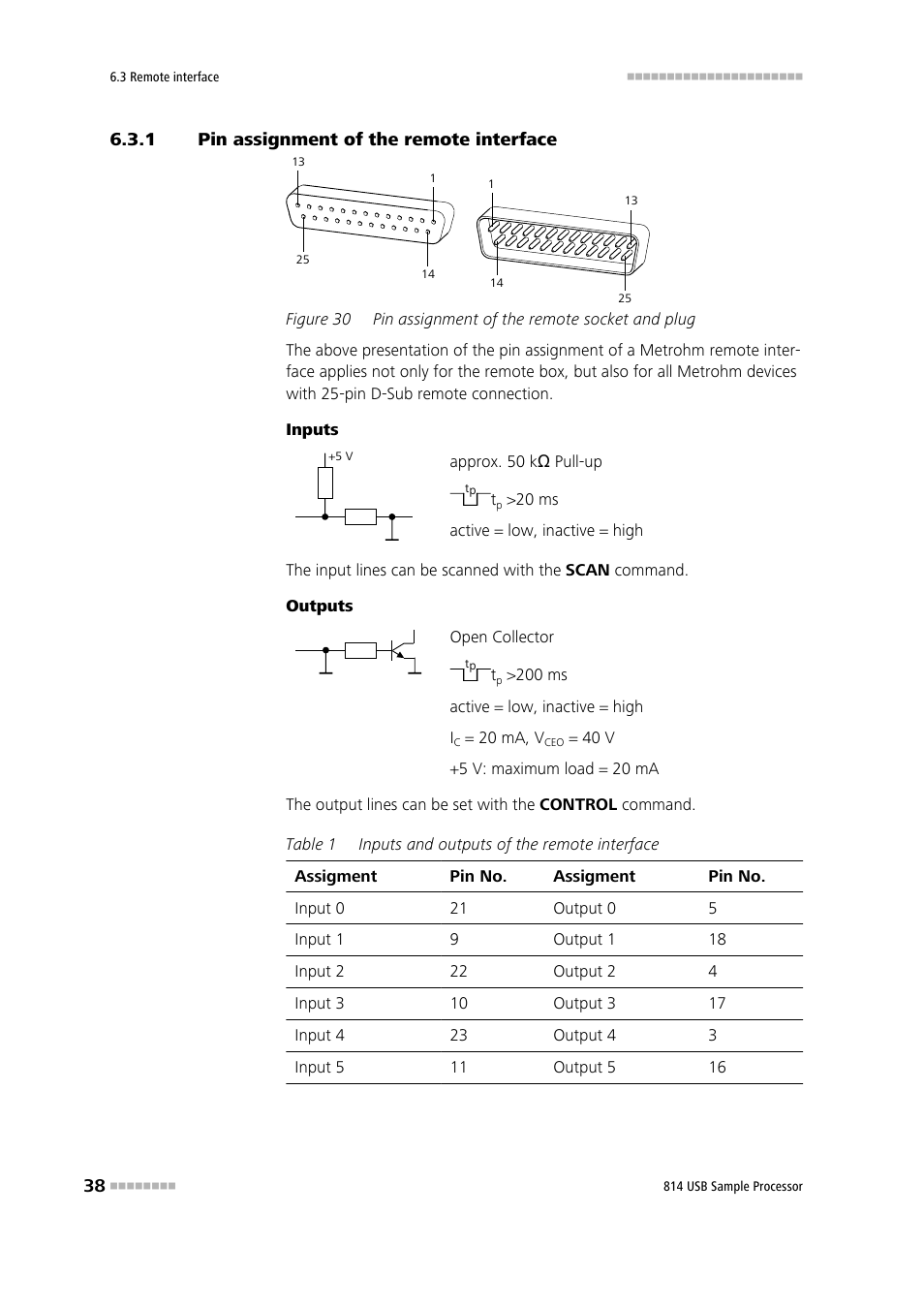 1 pin assignment of the remote interface, Pin assignment of the remote interface, Figure 30 | Pin assignment of the remote socket and plug | Metrohm 814 USB Sample Processor User Manual | Page 46 / 90