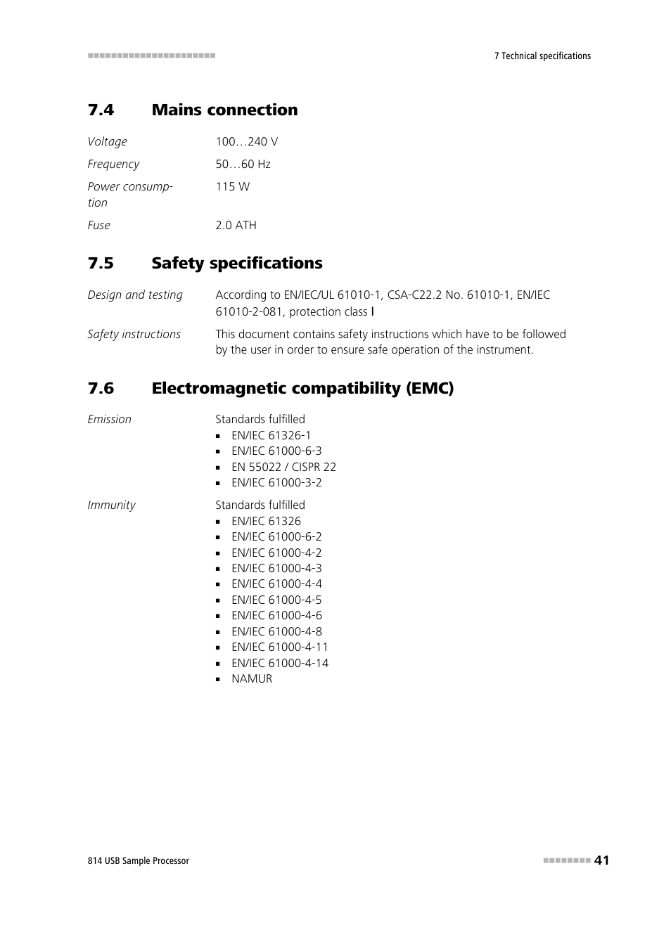4 mains connection, 5 safety specifications, 6 electromagnetic compatibility (emc) | Mains connection, Safety specifications, Electromagnetic compatibility (emc) | Metrohm 814 USB Sample Processor User Manual | Page 49 / 90