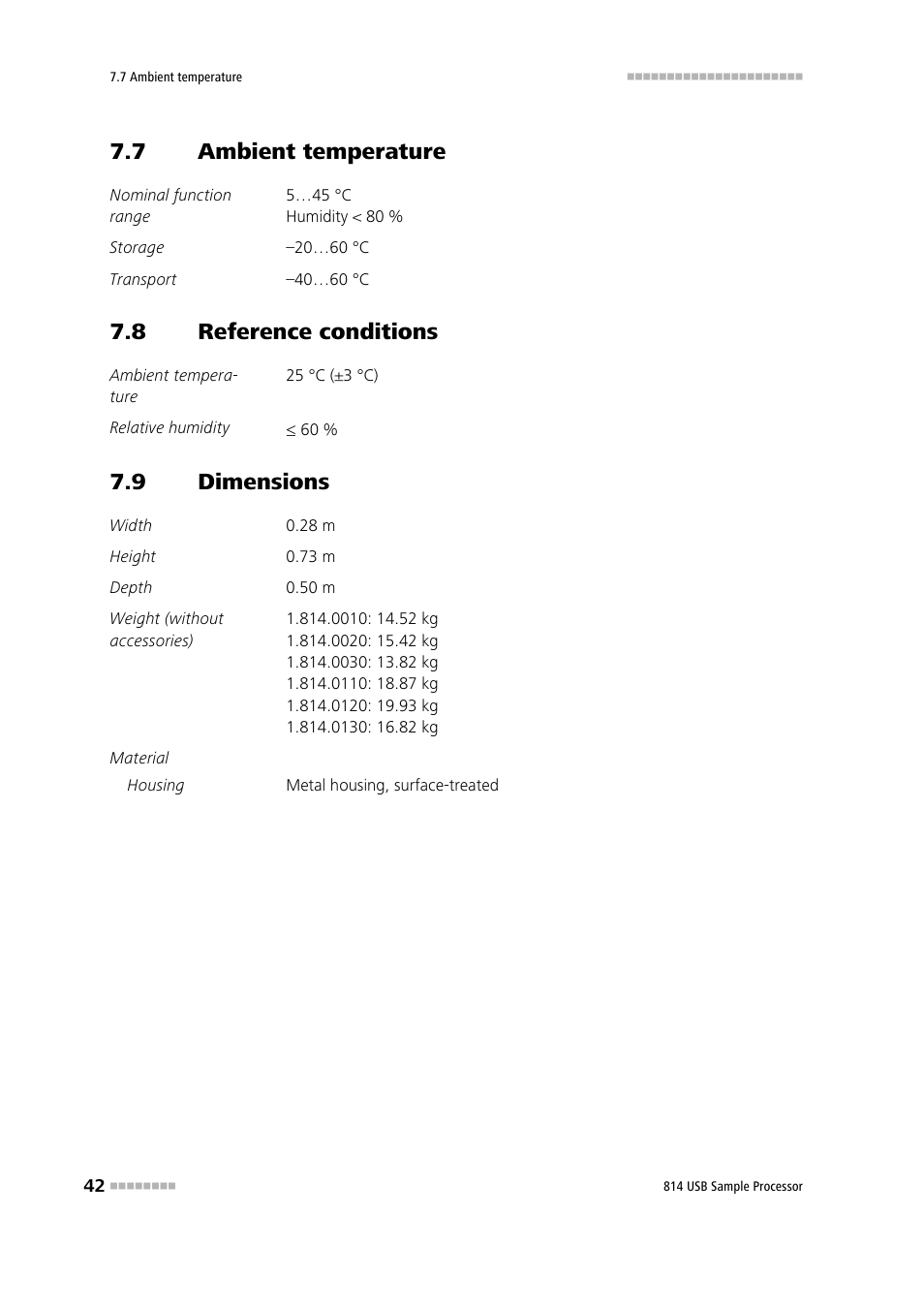7 ambient temperature, 8 reference conditions, 9 dimensions | Ambient temperature, Reference conditions, Dimensions | Metrohm 814 USB Sample Processor User Manual | Page 50 / 90