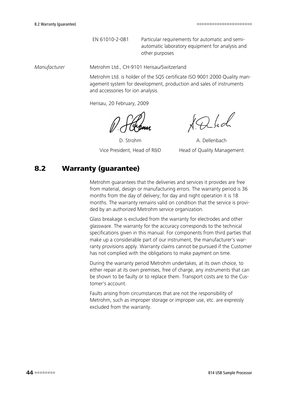 2 warranty (guarantee), Warranty (guarantee) | Metrohm 814 USB Sample Processor User Manual | Page 52 / 90