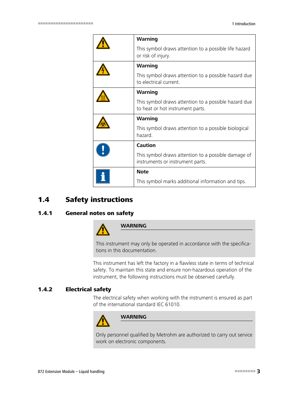 4 safety instructions, 1 general notes on safety, 2 electrical safety | Safety instructions, General notes on safety, Electrical safety | Metrohm 872 Extension Module Liquid handling User Manual | Page 11 / 64