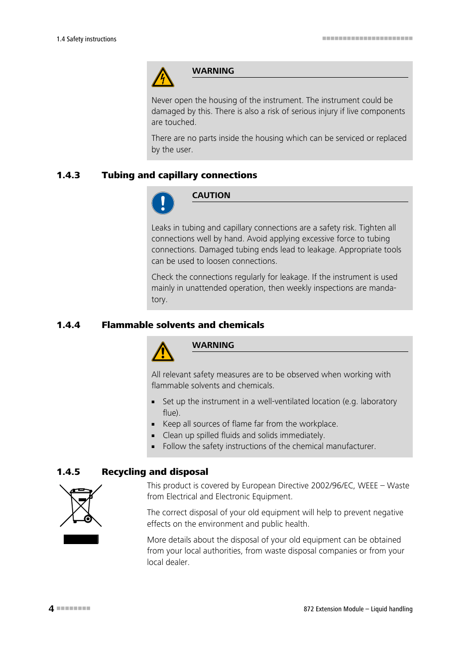3 tubing and capillary connections, 4 flammable solvents and chemicals, 5 recycling and disposal | Tubing and capillary connections, Flammable solvents and chemicals, Recycling and disposal | Metrohm 872 Extension Module Liquid handling User Manual | Page 12 / 64