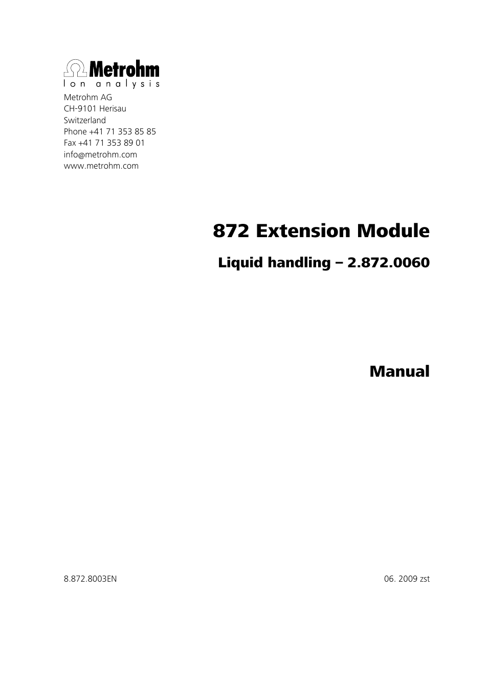 872 extension module, Manual | Metrohm 872 Extension Module Liquid handling User Manual | Page 3 / 64