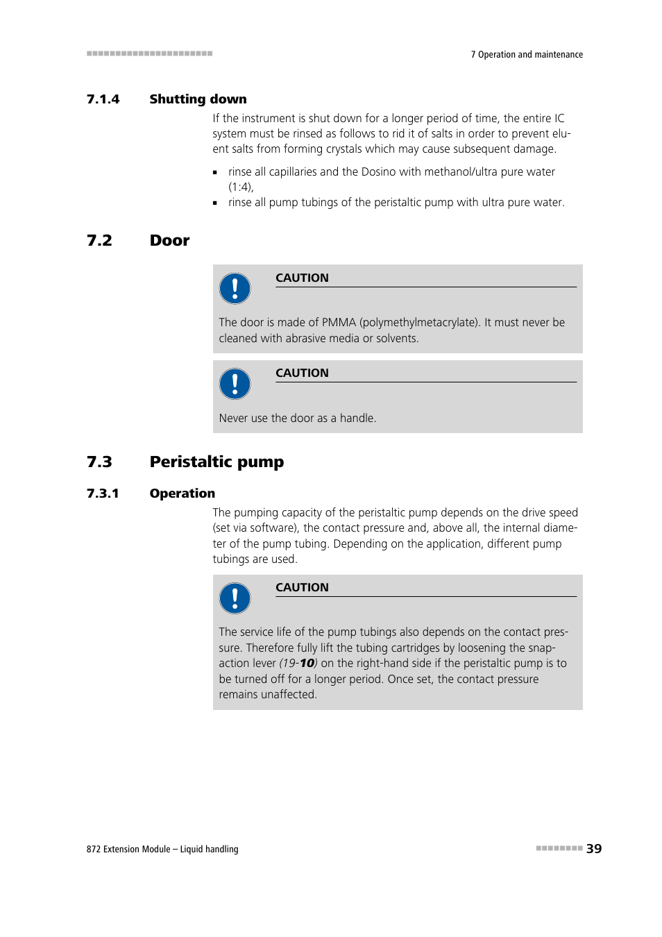 4 shutting down, 2 door, 3 peristaltic pump | 1 operation, Shutting down, Door, Peristaltic pump, Operation | Metrohm 872 Extension Module Liquid handling User Manual | Page 47 / 64