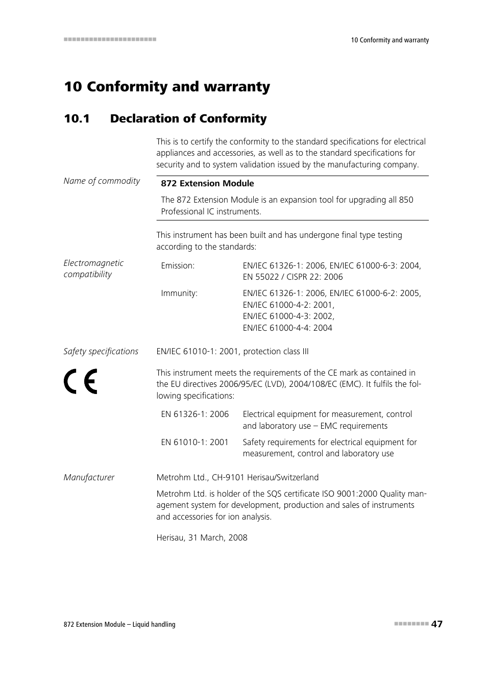 10 conformity and warranty, 1 declaration of conformity | Metrohm 872 Extension Module Liquid handling User Manual | Page 55 / 64