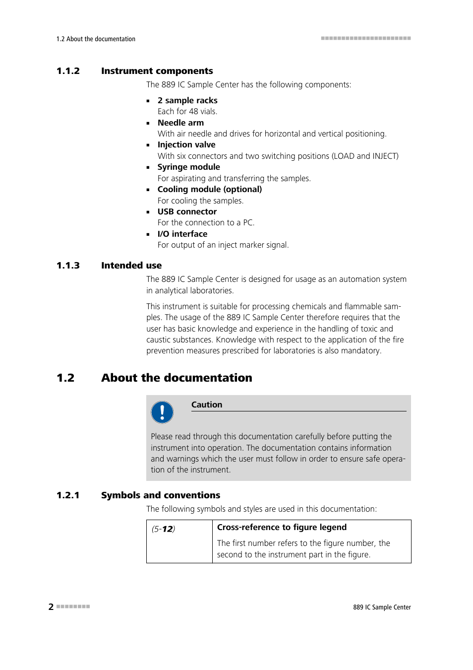 2 instrument components, 3 intended use, 2 about the documentation | 1 symbols and conventions, Instrument components, Intended use, About the documentation, Symbols and conventions | Metrohm 889 IC Sample Center User Manual | Page 10 / 68