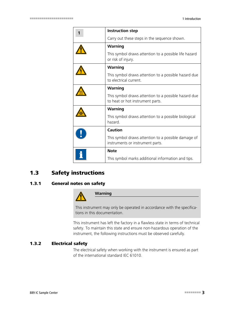 3 safety instructions, 1 general notes on safety, 2 electrical safety | Safety instructions, General notes on safety, Electrical safety | Metrohm 889 IC Sample Center User Manual | Page 11 / 68