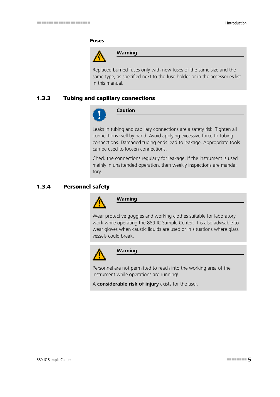 3 tubing and capillary connections, 4 personnel safety, Tubing and capillary connections | Personnel safety | Metrohm 889 IC Sample Center User Manual | Page 13 / 68