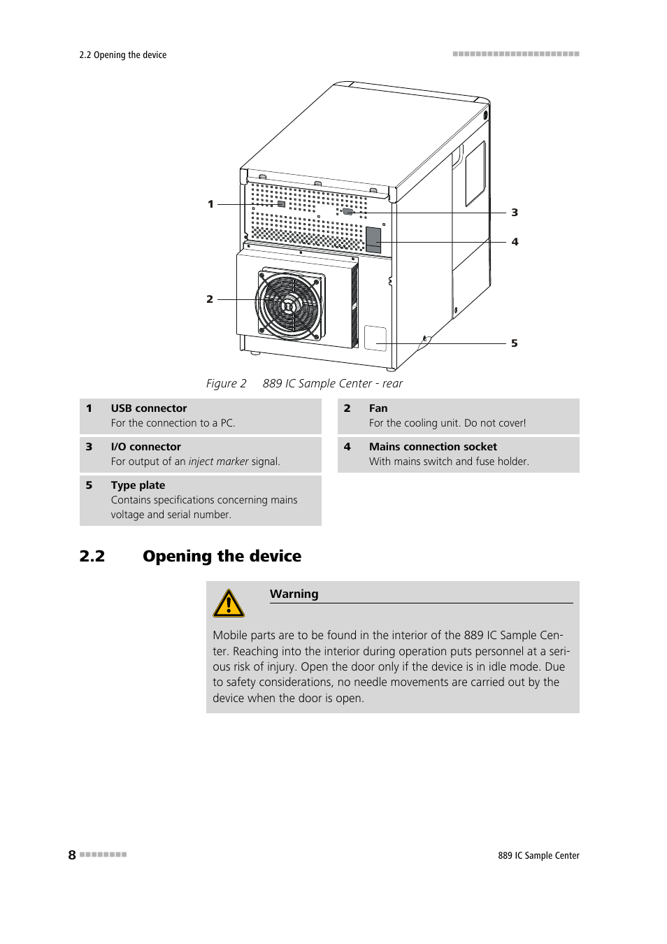2 opening the device, Opening the device, Figure 2 | 889 ic sample center - rear | Metrohm 889 IC Sample Center User Manual | Page 16 / 68