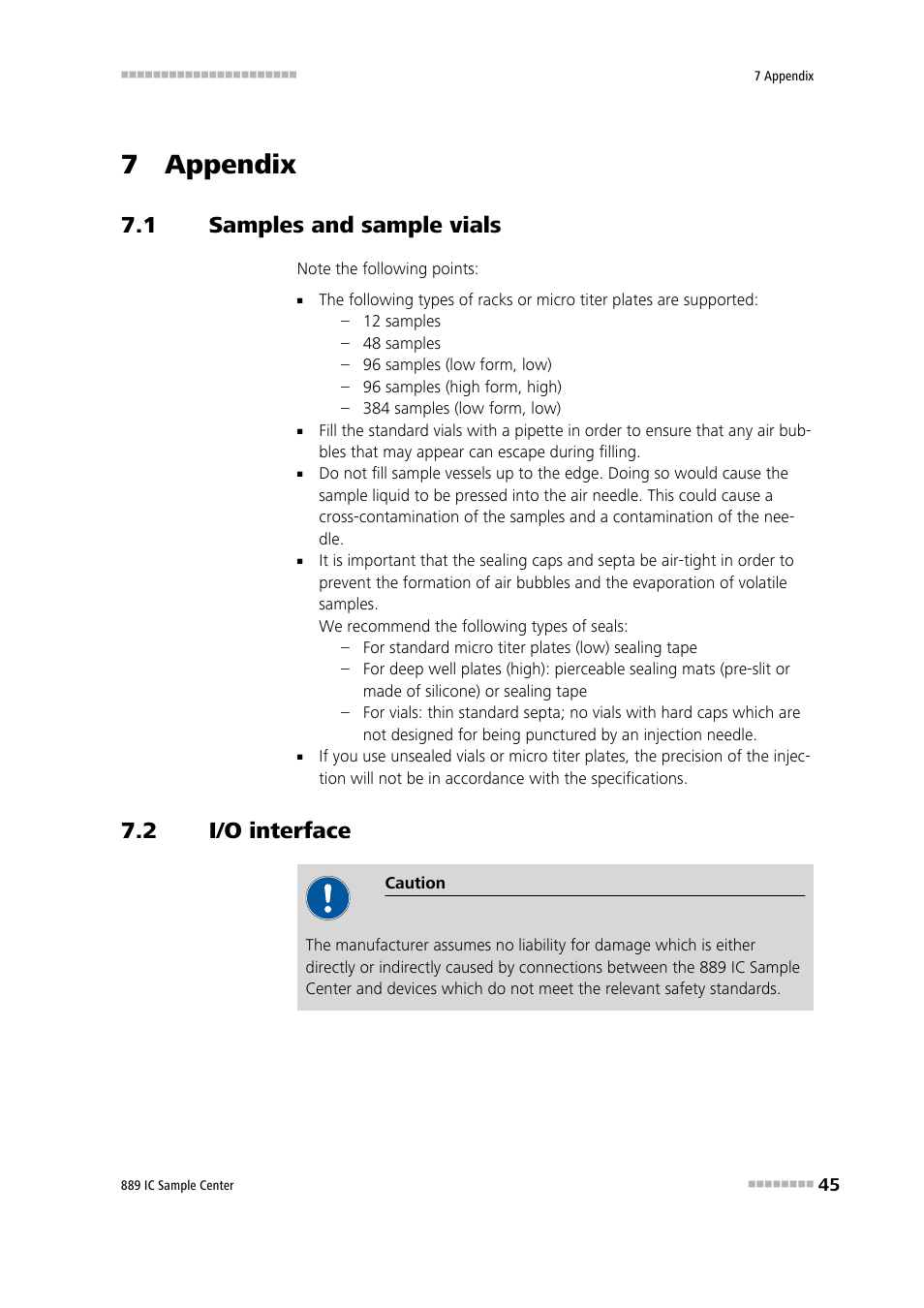 7 appendix, 1 samples and sample vials, 2 i/o interface | Samples and sample vials, I/o interface | Metrohm 889 IC Sample Center User Manual | Page 53 / 68