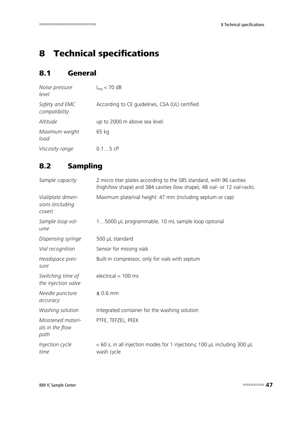 8 technical specifications, 1 general, 2 sampling | General, Sampling | Metrohm 889 IC Sample Center User Manual | Page 55 / 68