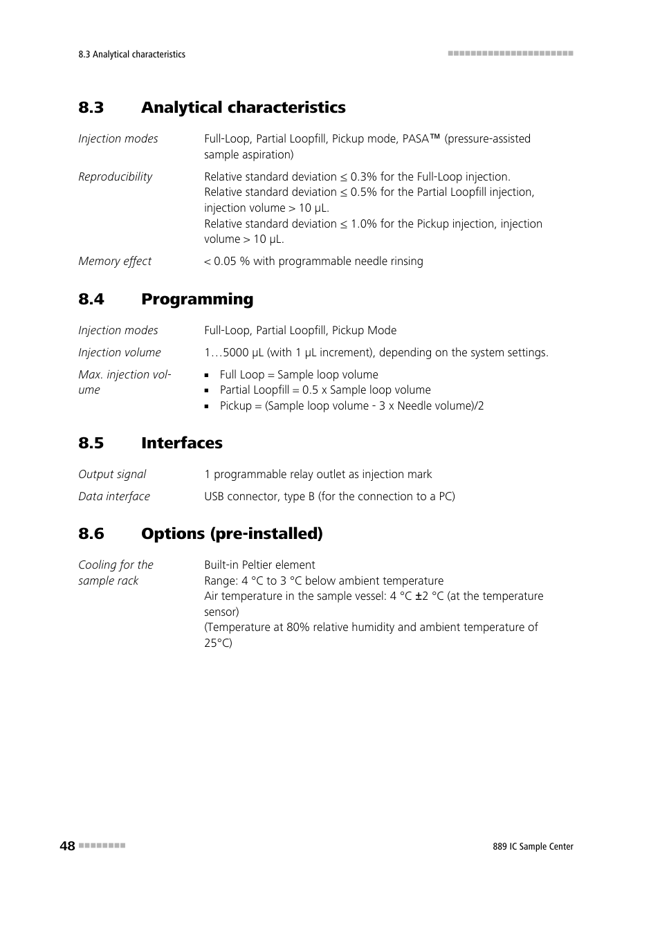 3 analytical characteristics, 4 programming, 5 interfaces | 6 options (pre-installed), Analytical characteristics, Programming, Interfaces, Options (pre-installed) | Metrohm 889 IC Sample Center User Manual | Page 56 / 68