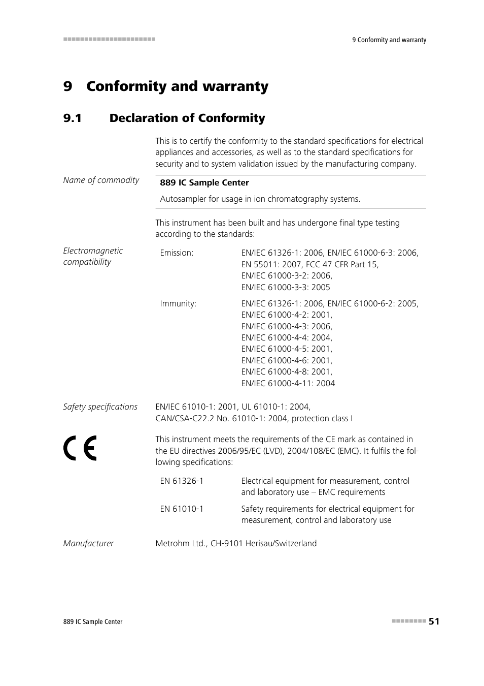 9 conformity and warranty, 1 declaration of conformity, Declaration of conformity | Metrohm 889 IC Sample Center User Manual | Page 59 / 68