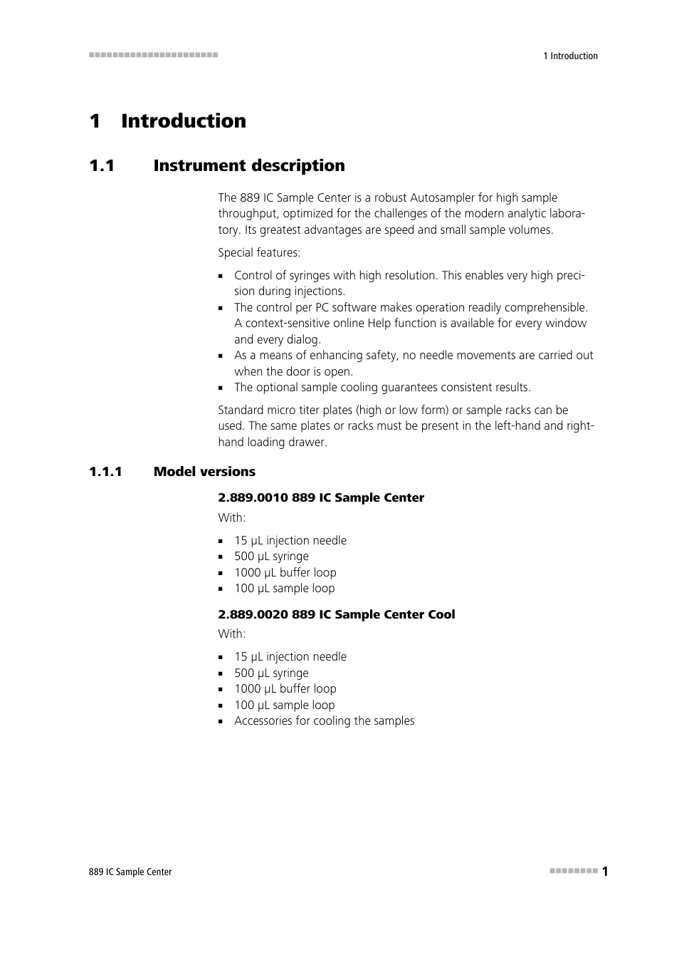 1 introduction, 1 instrument description, 1 model versions | Instrument description, Model versions | Metrohm 889 IC Sample Center User Manual | Page 9 / 68