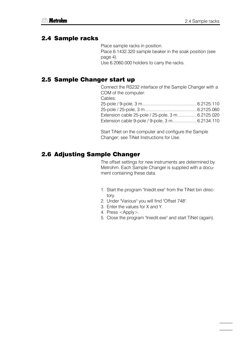 4 sample racks, 5 sample changer start up, 6 adjusting sample changer | Metrohm 748 DH Sample Changer User Manual | Page 11 / 32