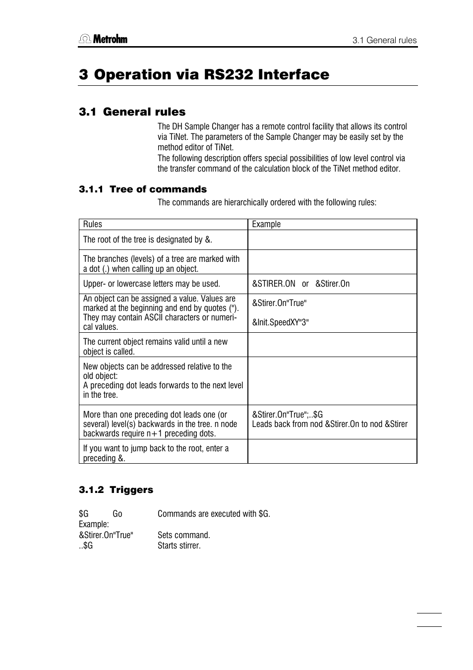 3 operation via rs232 interface, 1 general rules, 1 tree of commands 3.1.2 triggers | 2 remote control commands, 3 properties of the rs 232 interface | Metrohm 748 DH Sample Changer User Manual | Page 13 / 32