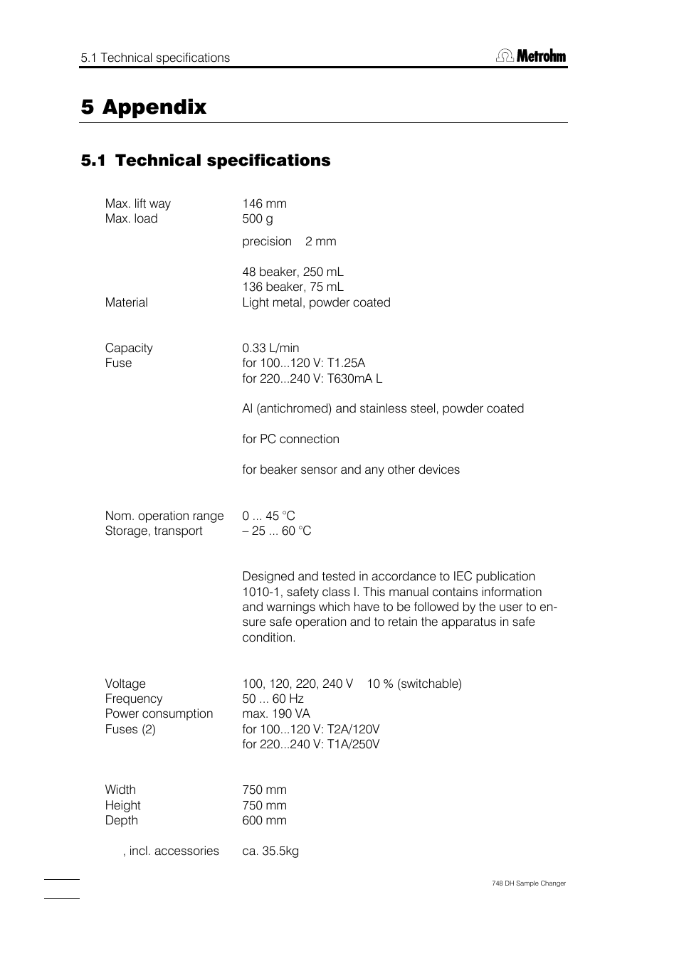 5 appendix, 5 scope of delivery, accessories, 1 technical specifications | Metrohm 748 DH Sample Changer User Manual | Page 22 / 32