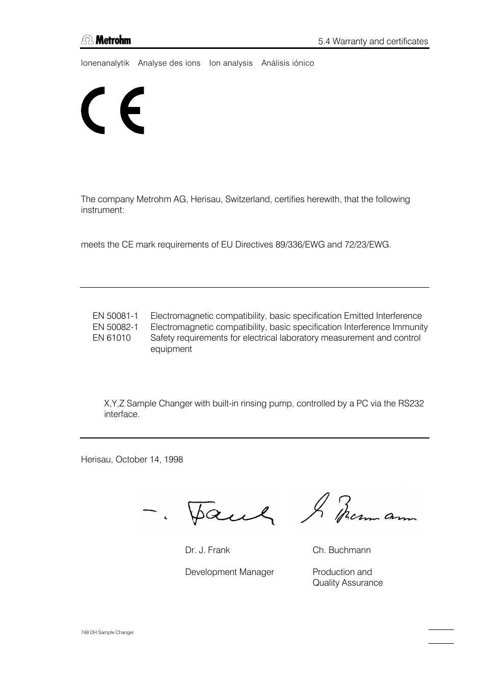 Eu declaration of conformity, 748 dh sample changer | Metrohm 748 DH Sample Changer User Manual | Page 27 / 32