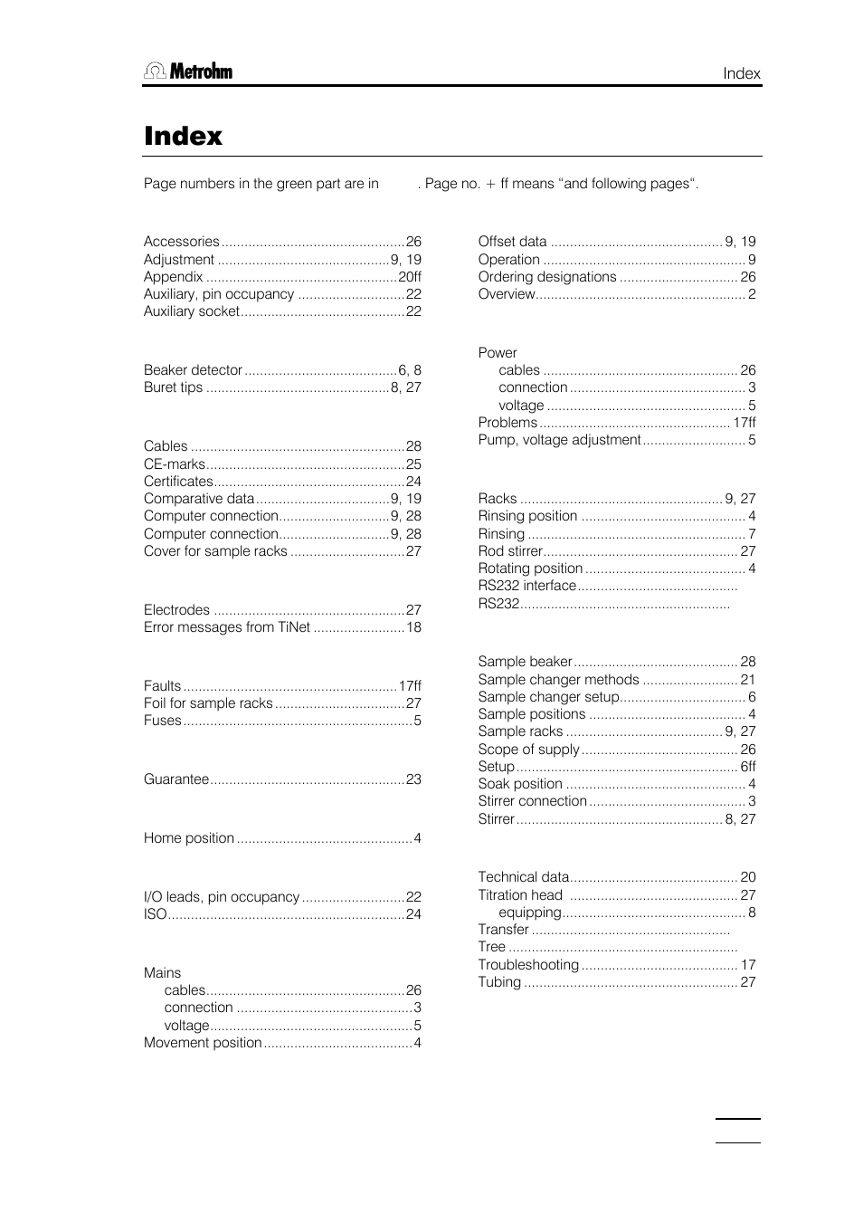 Index | Metrohm 748 DH Sample Changer User Manual | Page 31 / 32