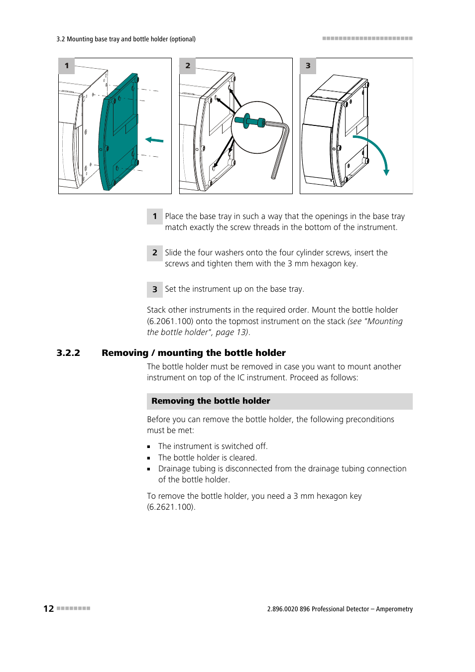 2 removing / mounting the bottle holder, Removing / mounting the bottle holder | Metrohm 896 Professional Detector – Amperometry User Manual | Page 20 / 62