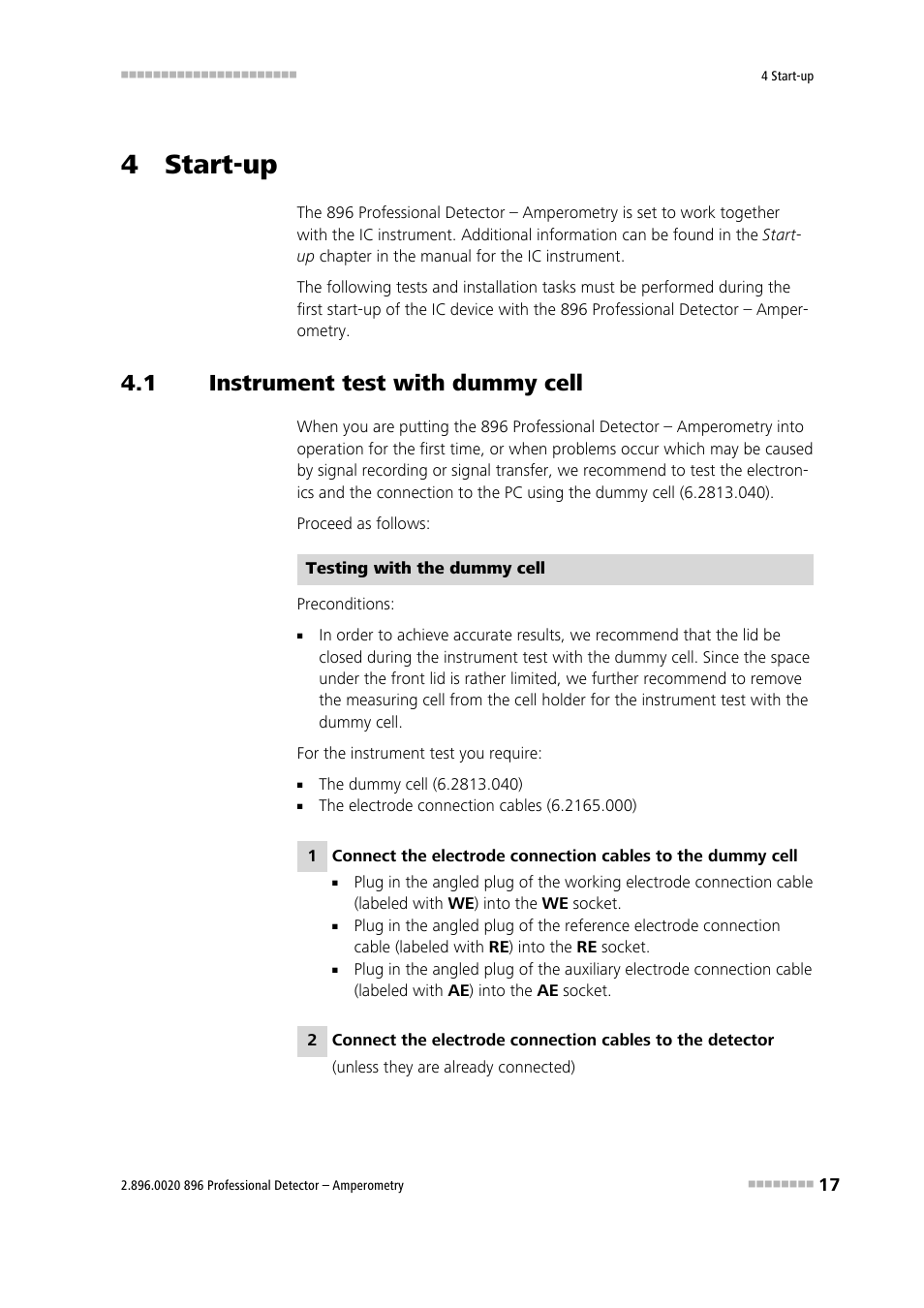 4 start-up, 1 instrument test with dummy cell, Instrument test with dummy cell | Metrohm 896 Professional Detector – Amperometry User Manual | Page 25 / 62