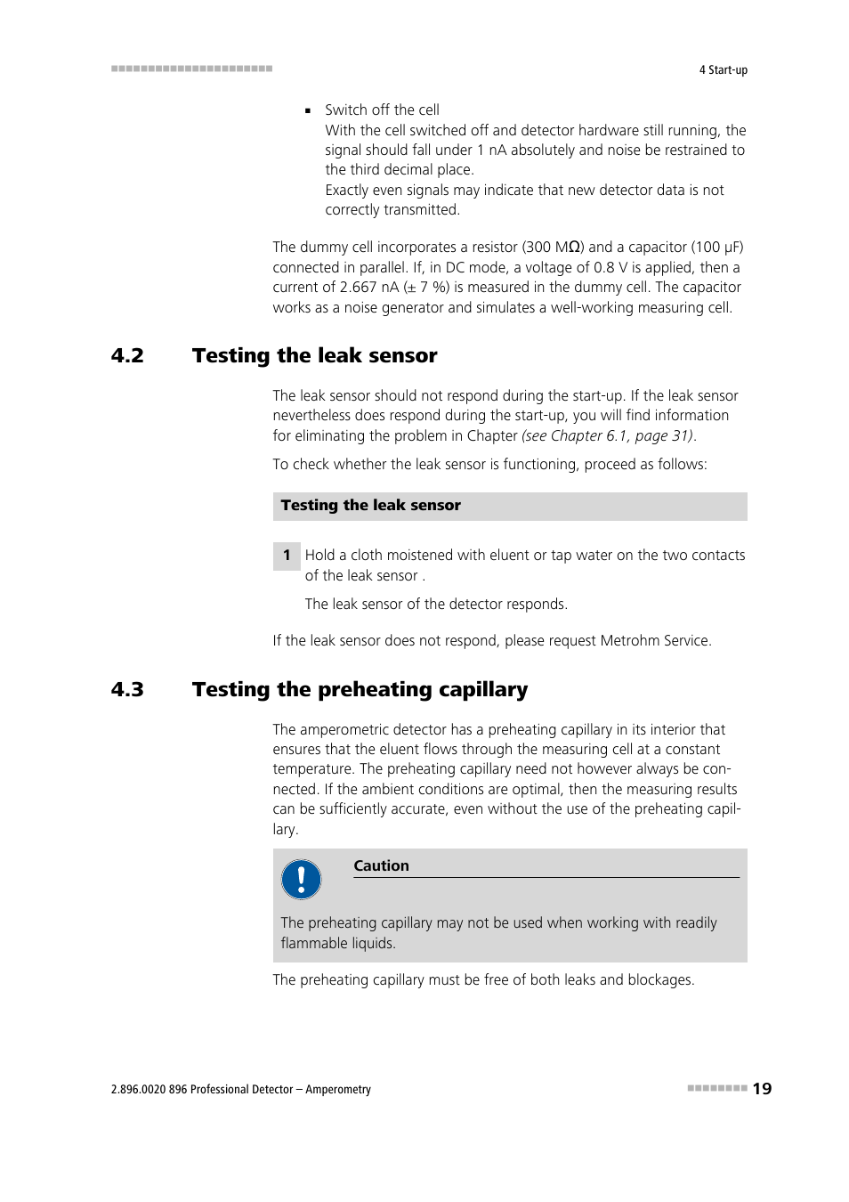 2 testing the leak sensor, 3 testing the preheating capillary, Testing the leak sensor | Testing the preheating capillary | Metrohm 896 Professional Detector – Amperometry User Manual | Page 27 / 62