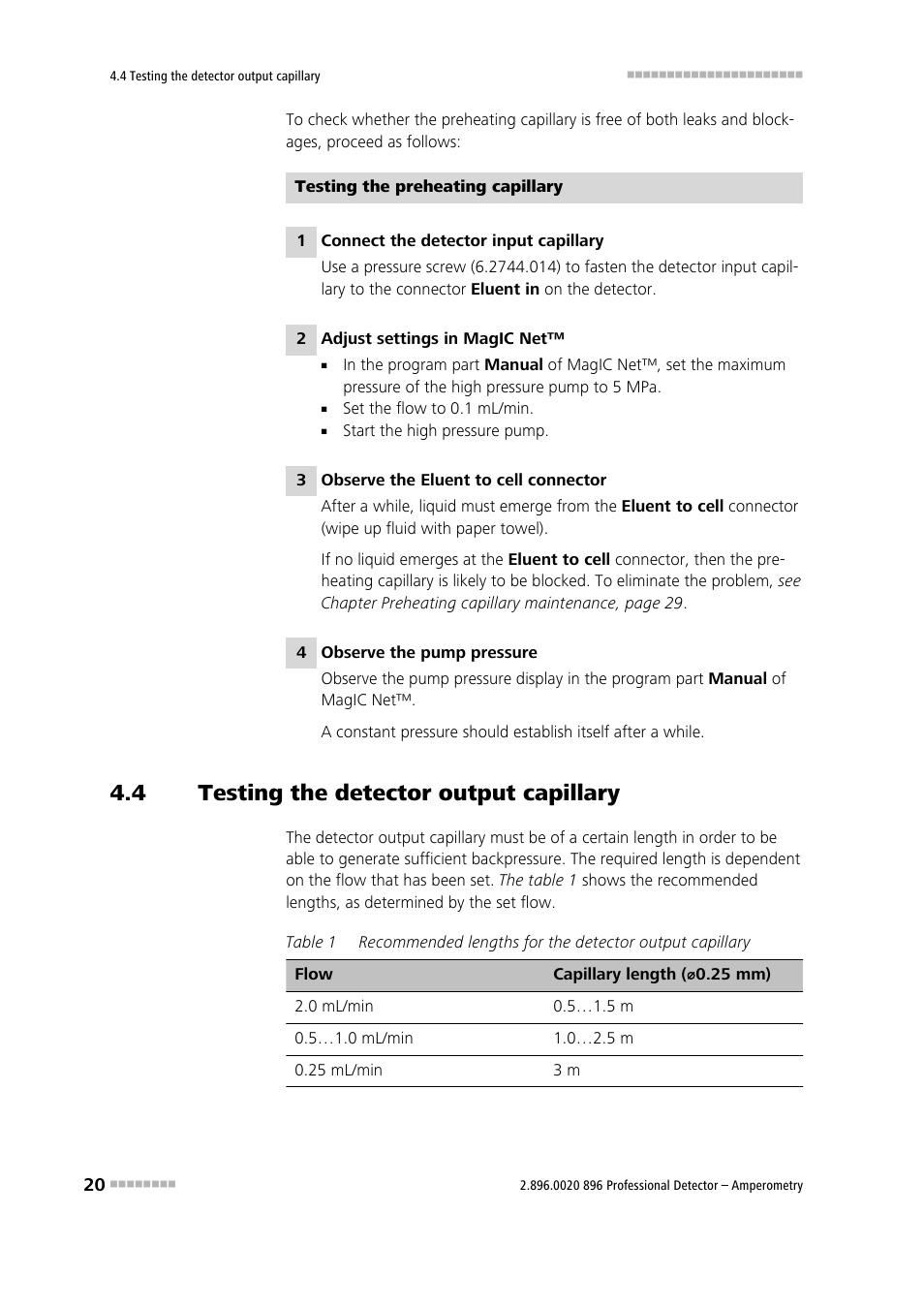 4 testing the detector output capillary, Testing the detector output capillary | Metrohm 896 Professional Detector – Amperometry User Manual | Page 28 / 62