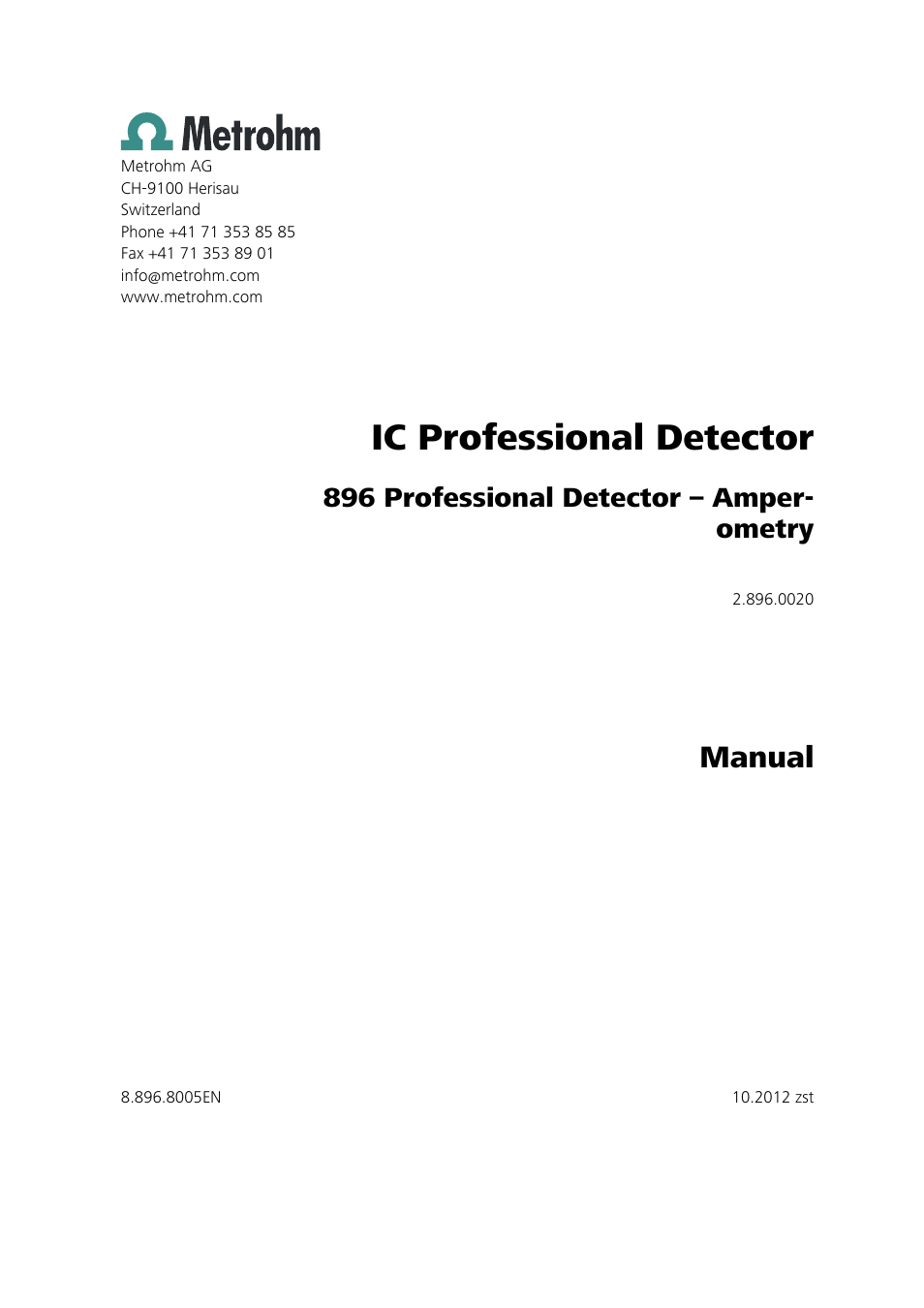 Ic professional detector, Manual, 896 professional detector – amper- ometry | Metrohm 896 Professional Detector – Amperometry User Manual | Page 3 / 62