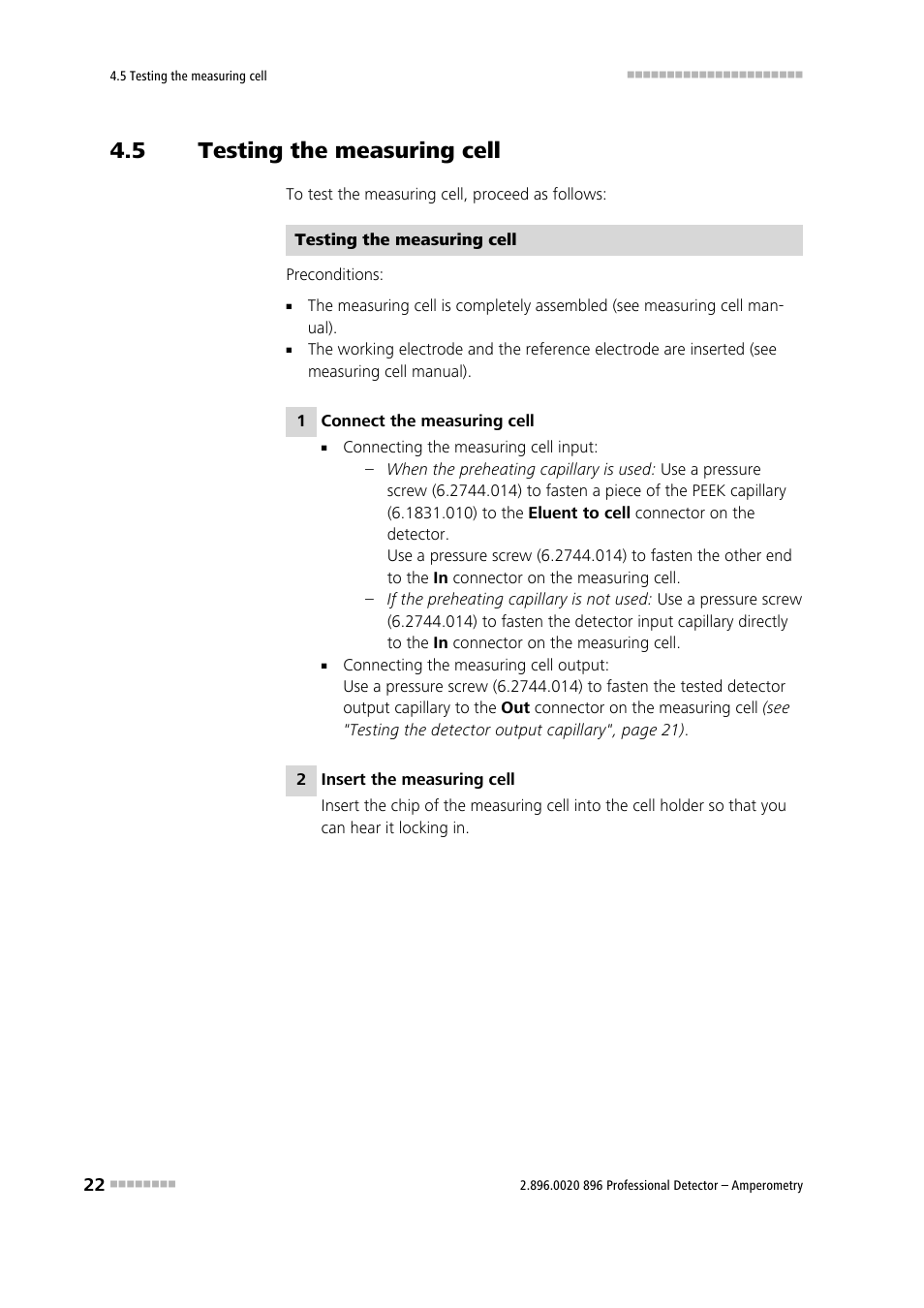 5 testing the measuring cell, Testing the measuring cell | Metrohm 896 Professional Detector – Amperometry User Manual | Page 30 / 62