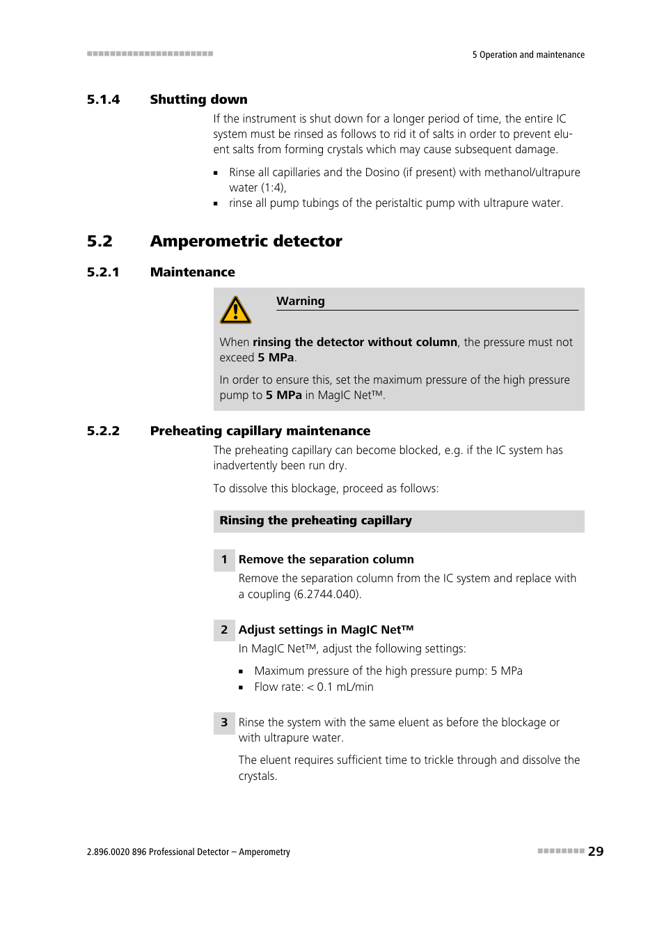 4 shutting down, 2 amperometric detector, 1 maintenance | 2 preheating capillary maintenance, Shutting down, Amperometric detector, Maintenance, Preheating capillary maintenance | Metrohm 896 Professional Detector – Amperometry User Manual | Page 37 / 62