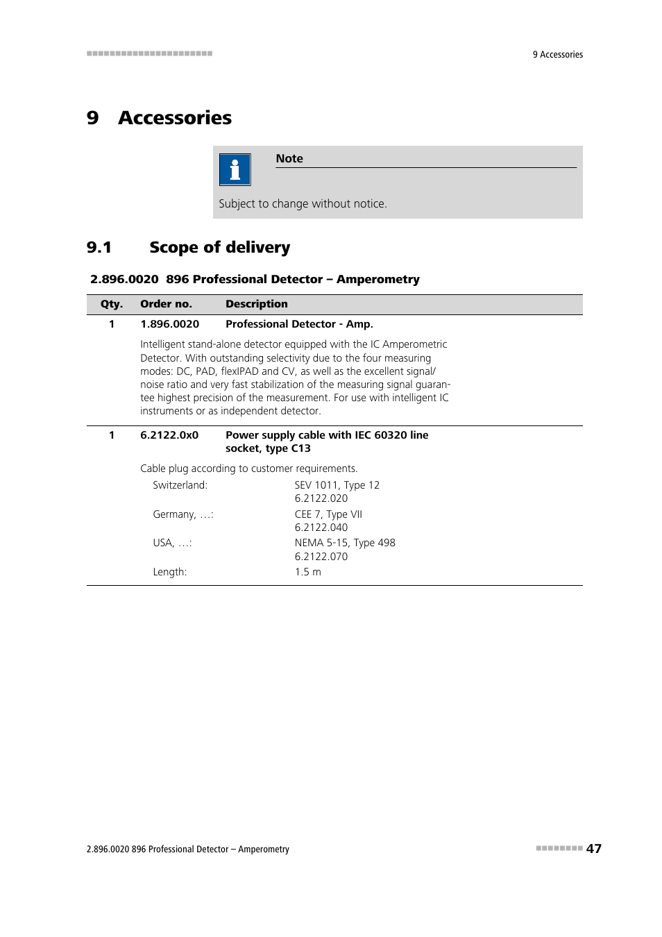 9 accessories, 1 scope of delivery, Scope of delivery | Metrohm 896 Professional Detector – Amperometry User Manual | Page 55 / 62