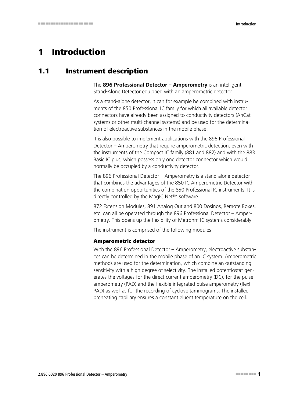 1 introduction, 1 instrument description, Instrument description | Metrohm 896 Professional Detector – Amperometry User Manual | Page 9 / 62