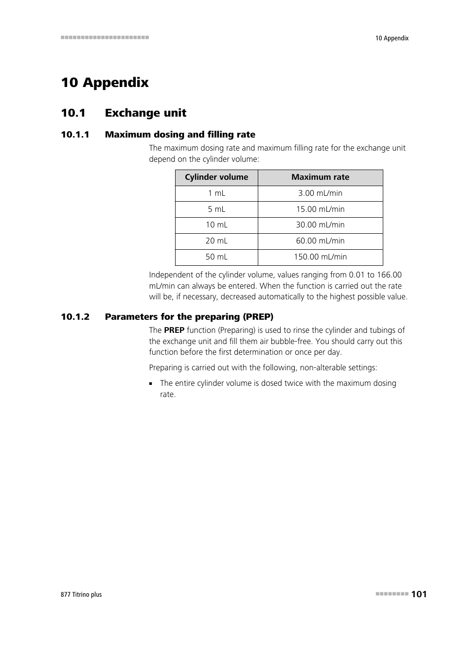 10 appendix, 1 exchange unit, 1 maximum dosing and filling rate | 2 parameters for the preparing (prep), 1 exchange unit 10.1.1, Maximum dosing and filling rate, Parameters for the preparing (prep) | Metrohm 877 Titrino plus User Manual | Page 111 / 139