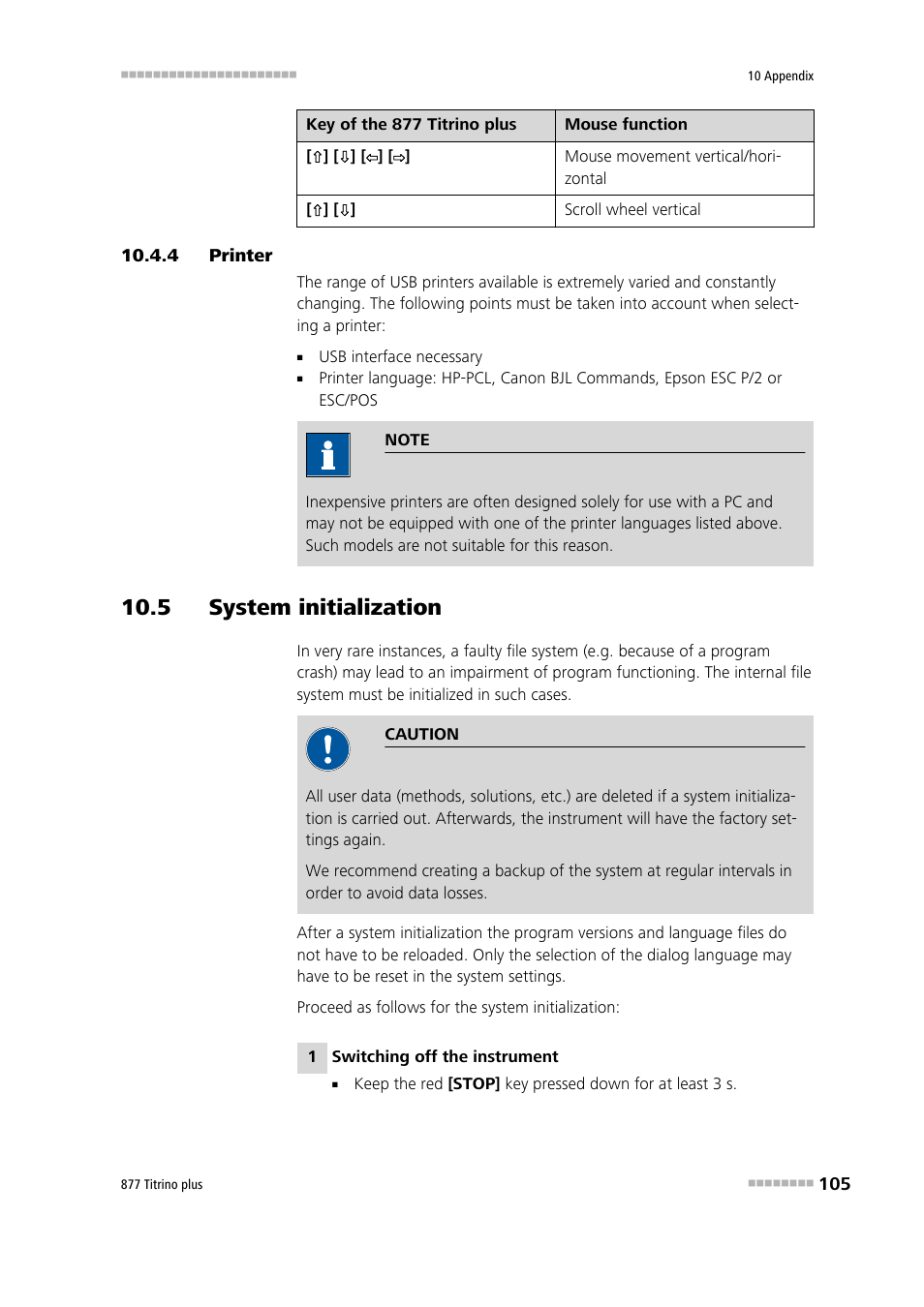 4 printer, 5 system initialization, Printer | Metrohm 877 Titrino plus User Manual | Page 115 / 139