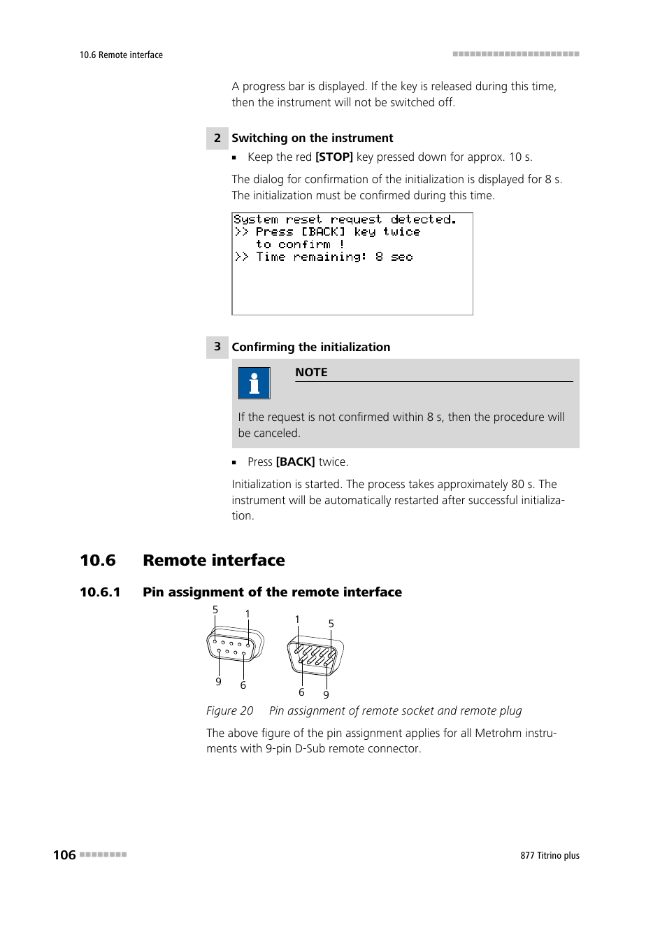 6 remote interface, 1 pin assignment of the remote interface, 6 remote interface 10.6.1 | Pin assignment of the remote interface, Figure 20, Pin assignment of remote socket and remote plug | Metrohm 877 Titrino plus User Manual | Page 116 / 139