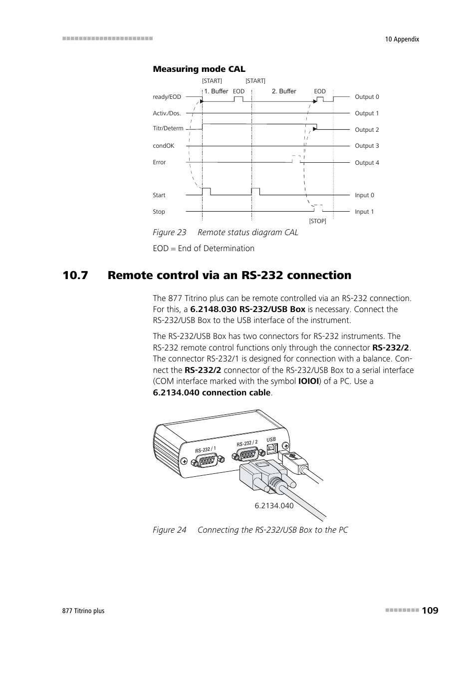 7 remote control via an rs-232 connection, Figure 23, Remote status diagram cal | Figure 24, Connecting the rs-232/usb box to the pc | Metrohm 877 Titrino plus User Manual | Page 119 / 139