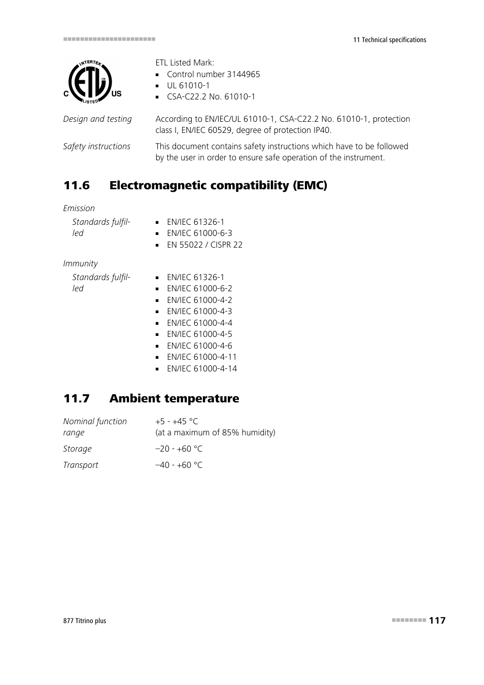6 electromagnetic compatibility (emc), 7 ambient temperature | Metrohm 877 Titrino plus User Manual | Page 127 / 139