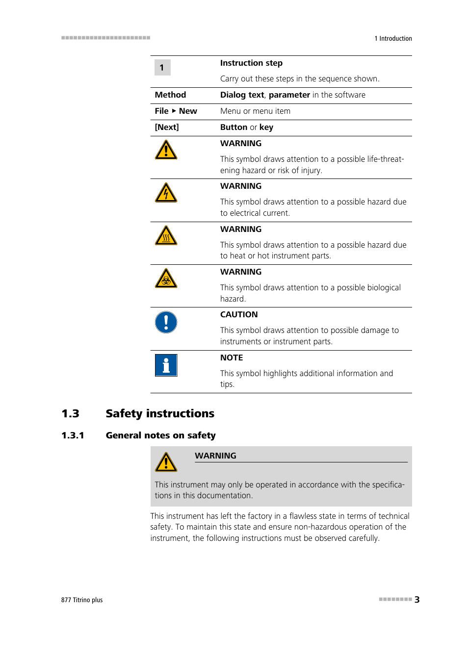 3 safety instructions, 1 general notes on safety, Safety instructions | General notes on safety | Metrohm 877 Titrino plus User Manual | Page 13 / 139