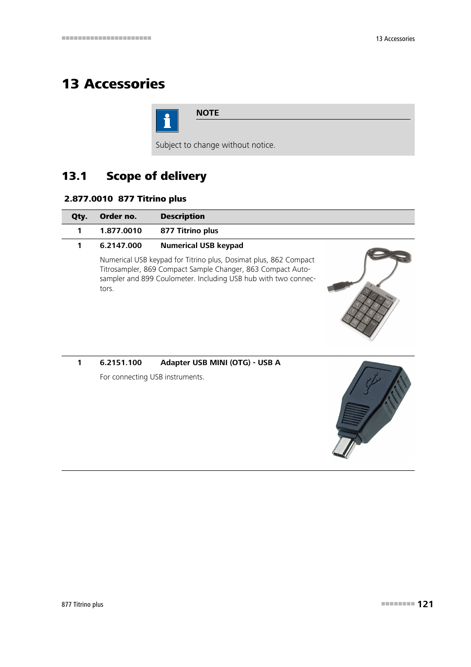 13 accessories, 1 scope of delivery | Metrohm 877 Titrino plus User Manual | Page 131 / 139
