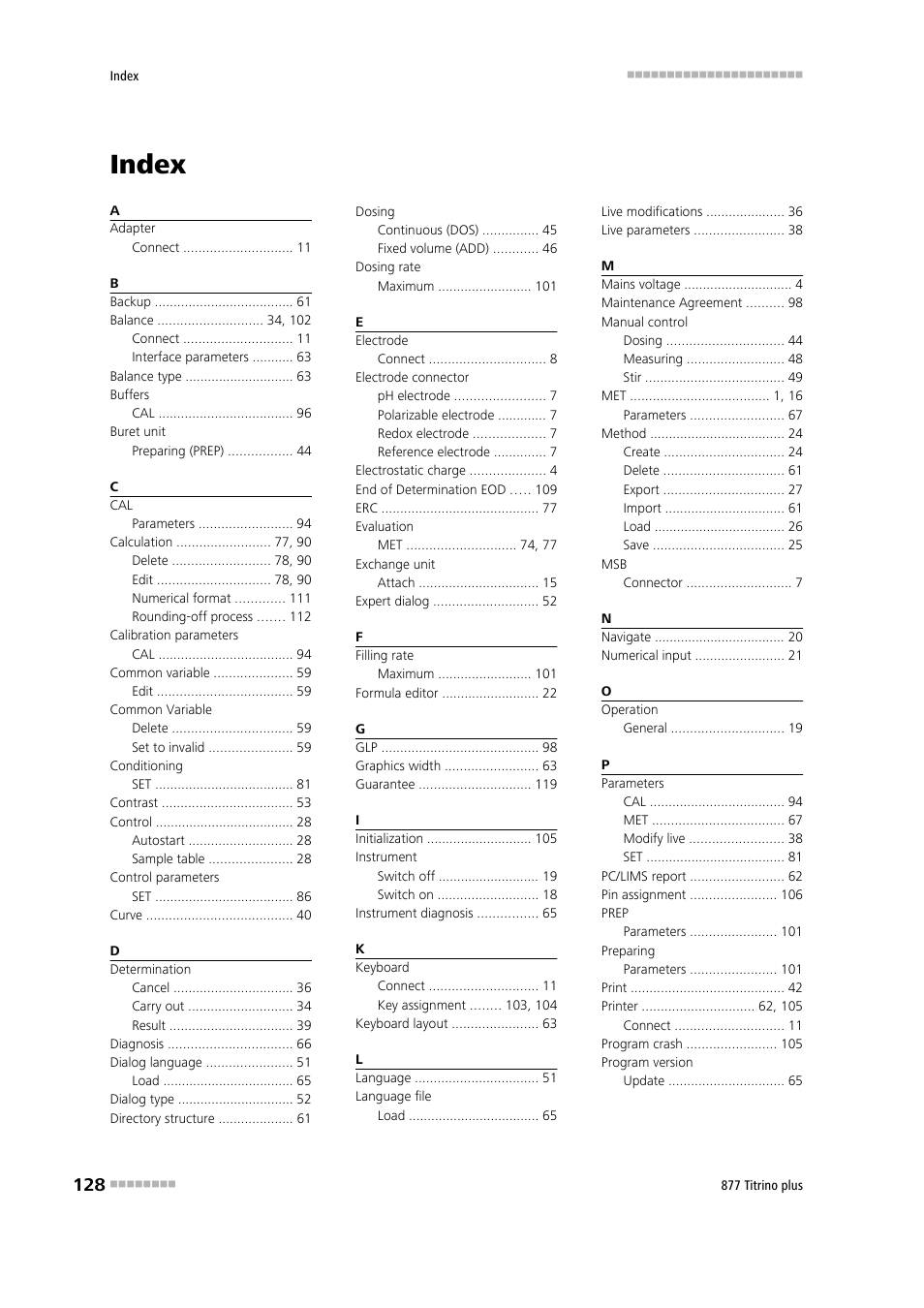 Index | Metrohm 877 Titrino plus User Manual | Page 138 / 139
