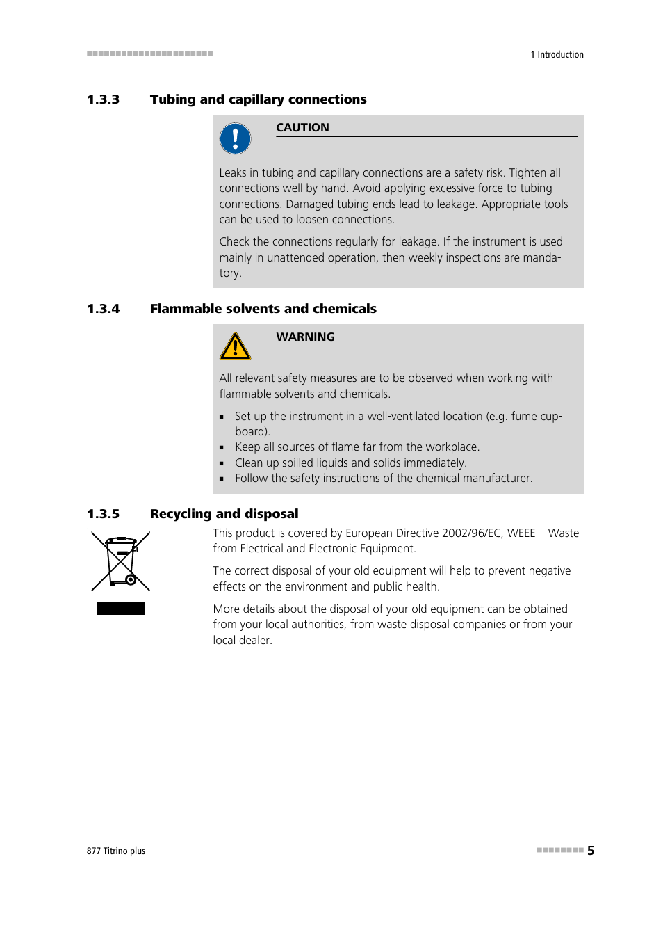 3 tubing and capillary connections, 4 flammable solvents and chemicals, 5 recycling and disposal | Tubing and capillary connections, Flammable solvents and chemicals, Recycling and disposal | Metrohm 877 Titrino plus User Manual | Page 15 / 139