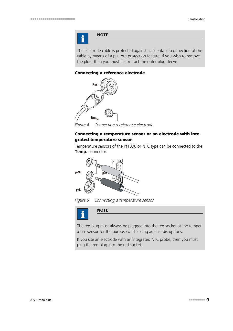 Figure 4, Connecting a reference electrode, Figure 5 | Connecting a temperature sensor | Metrohm 877 Titrino plus User Manual | Page 19 / 139