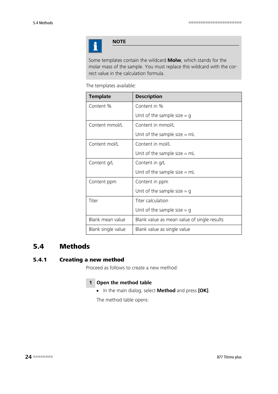 4 methods, 1 creating a new method, Methods | Creating a new method | Metrohm 877 Titrino plus User Manual | Page 34 / 139