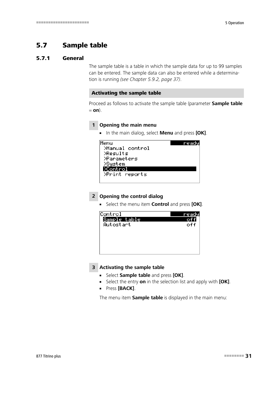 7 sample table, 1 general, Sample table | General | Metrohm 877 Titrino plus User Manual | Page 41 / 139