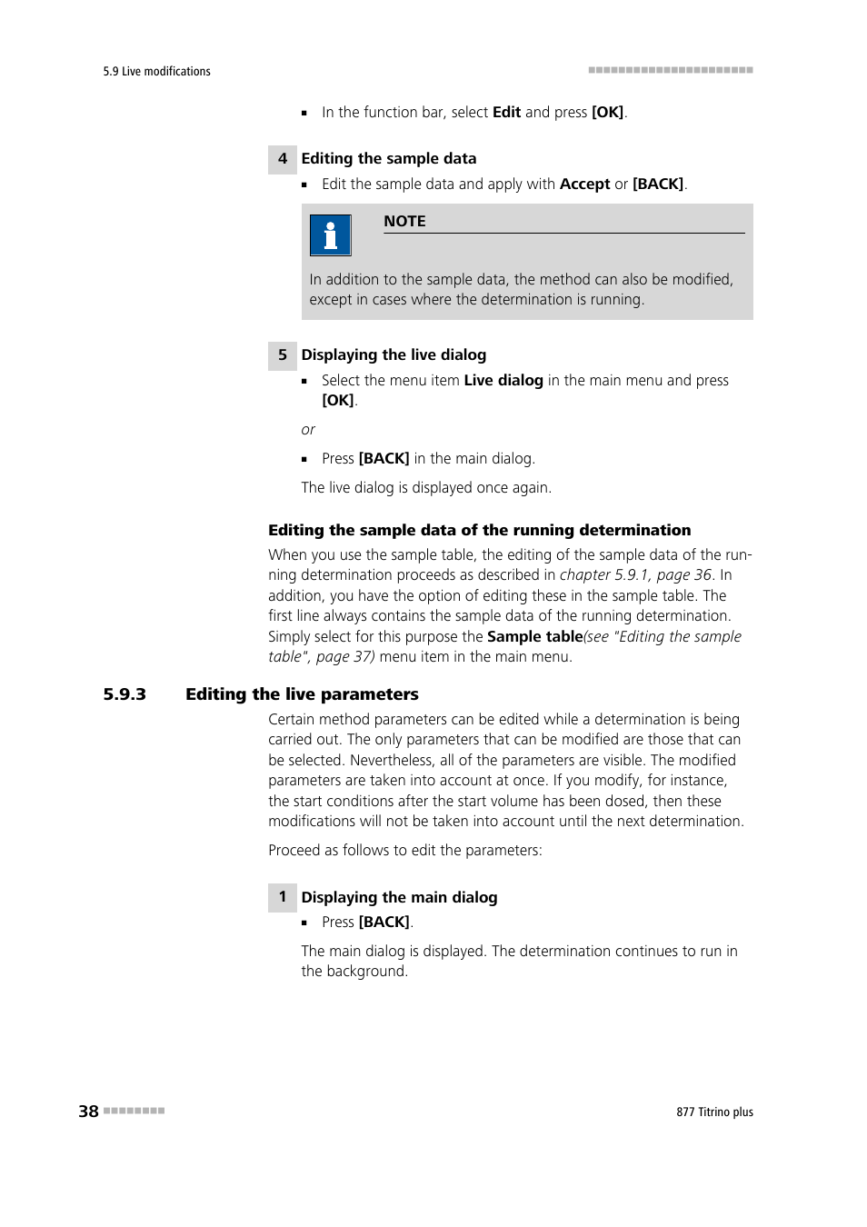 3 editing the live parameters, Editing the live parameters | Metrohm 877 Titrino plus User Manual | Page 48 / 139