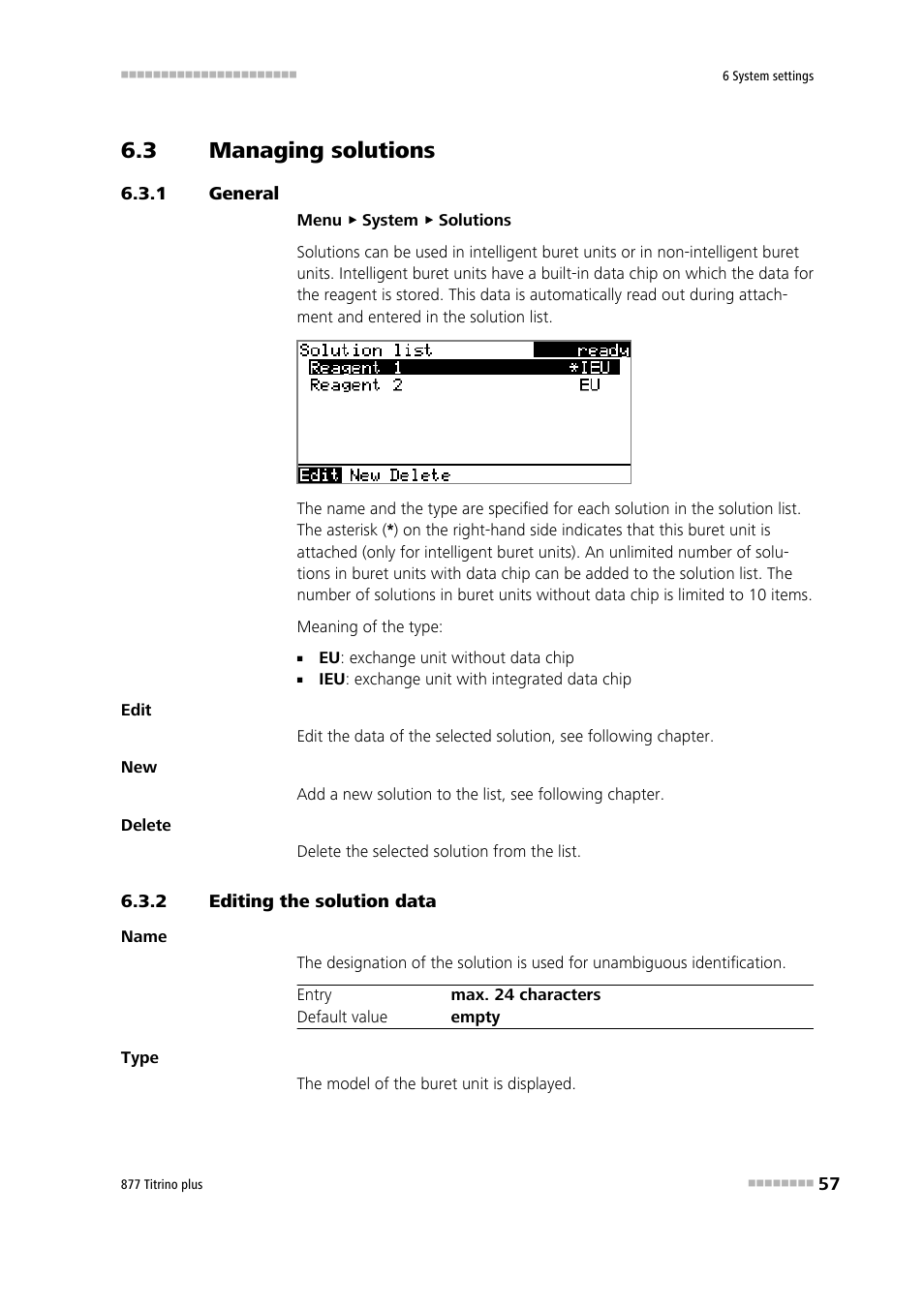 3 managing solutions, 1 general, 2 editing the solution data | Managing solutions, General, Editing the solution data | Metrohm 877 Titrino plus User Manual | Page 67 / 139