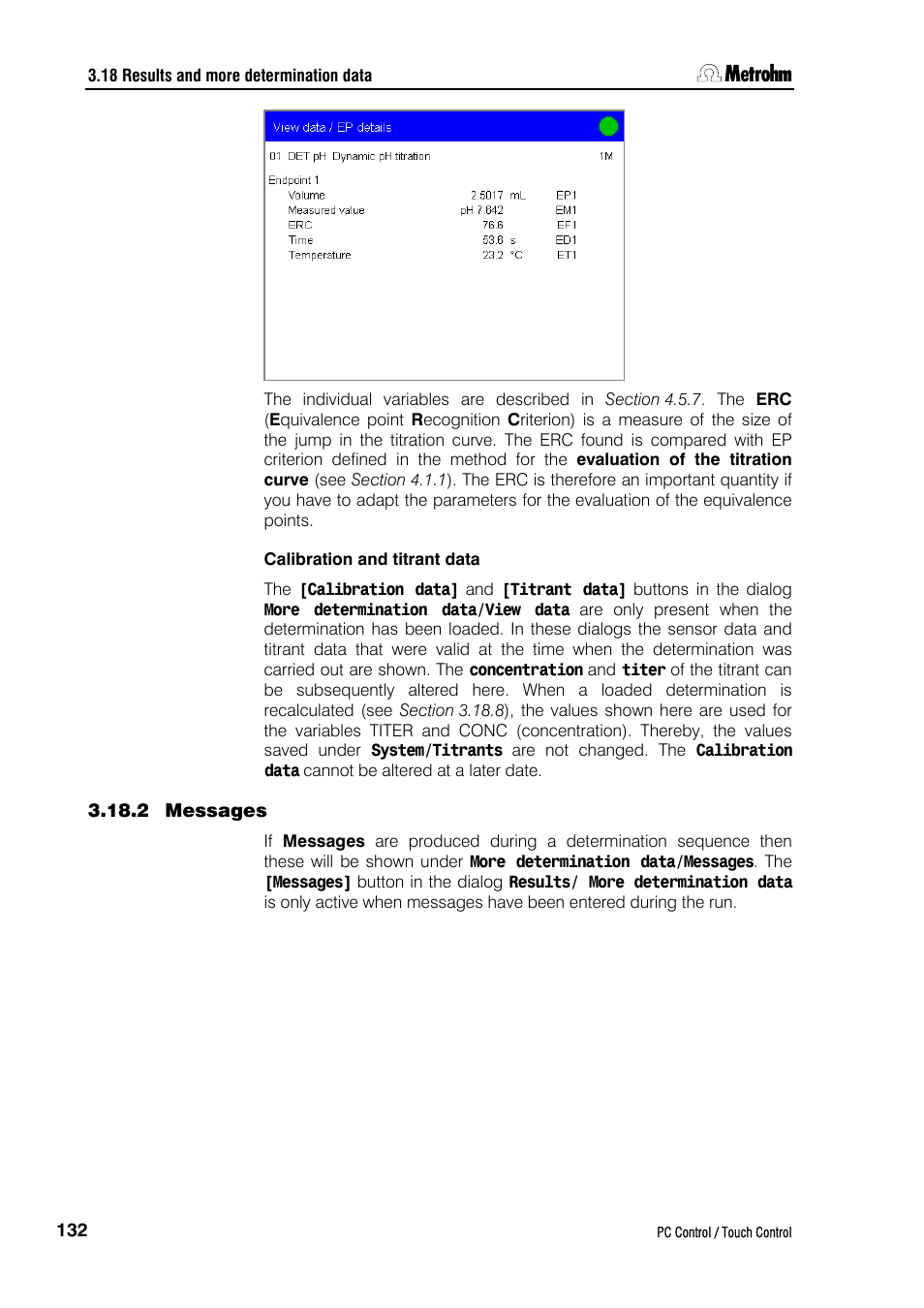 Calibration and titrant data, 2 messages | Metrohm 840 PC Control 5.0 / Touch Control User Manual | Page 144 / 351